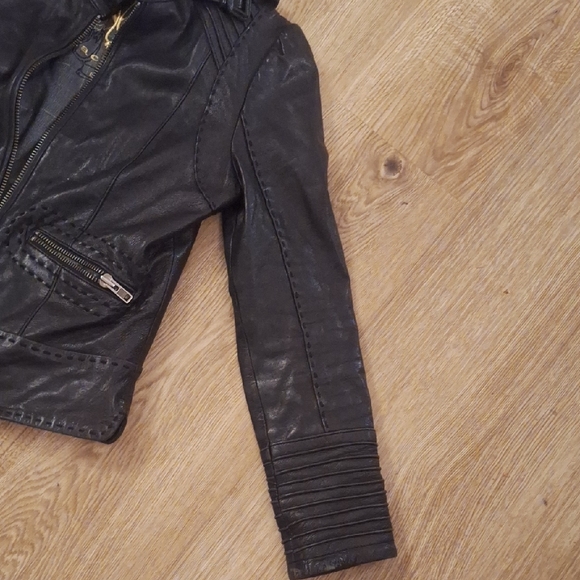Mackage Dark Leather Jacket with Zipper Details - Picture 2 of 16